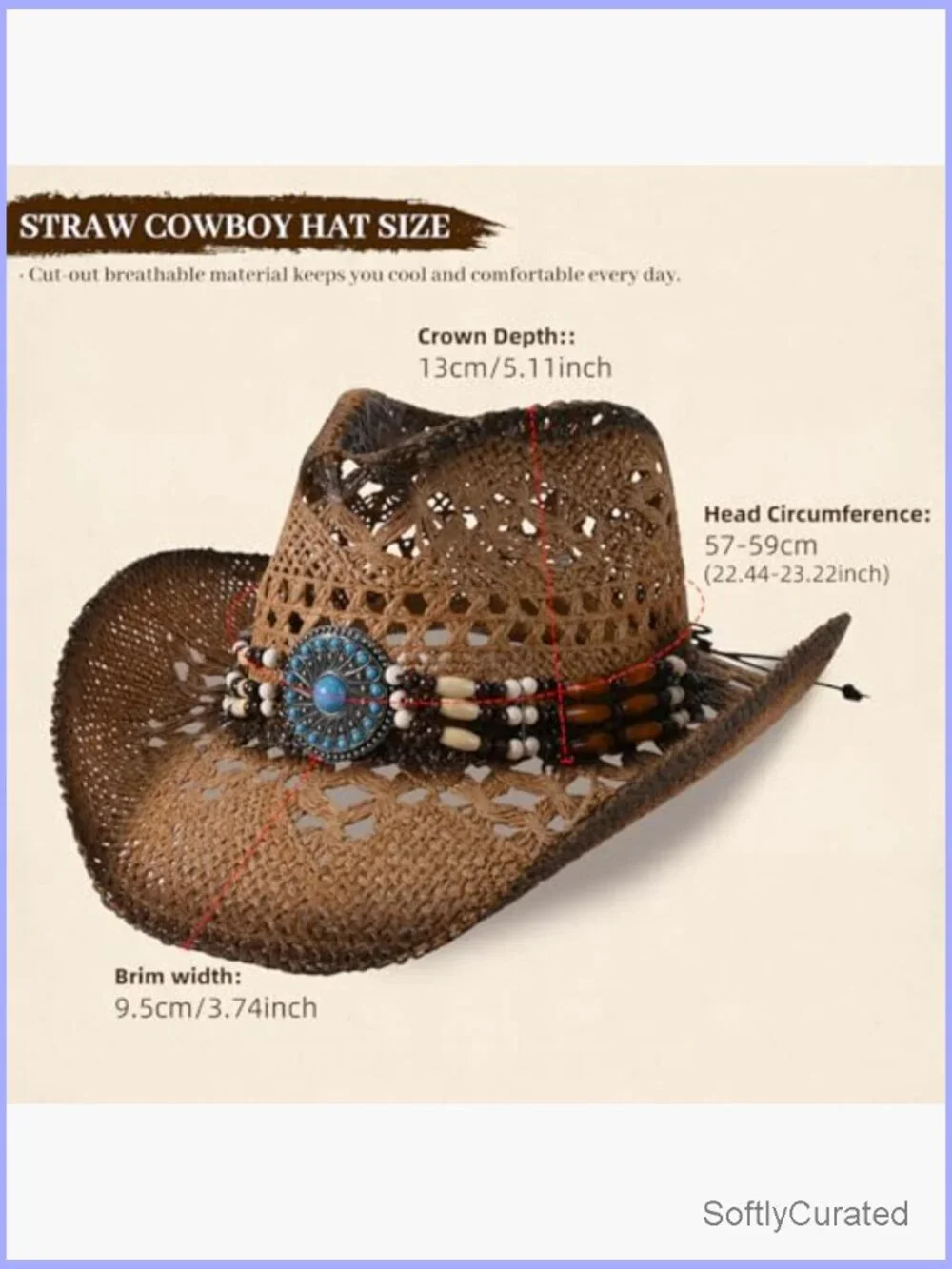 Straw Cowboy Hat with Wide Brim - Medium Size for Adults Summer Western Hat - Picture 3 of 7